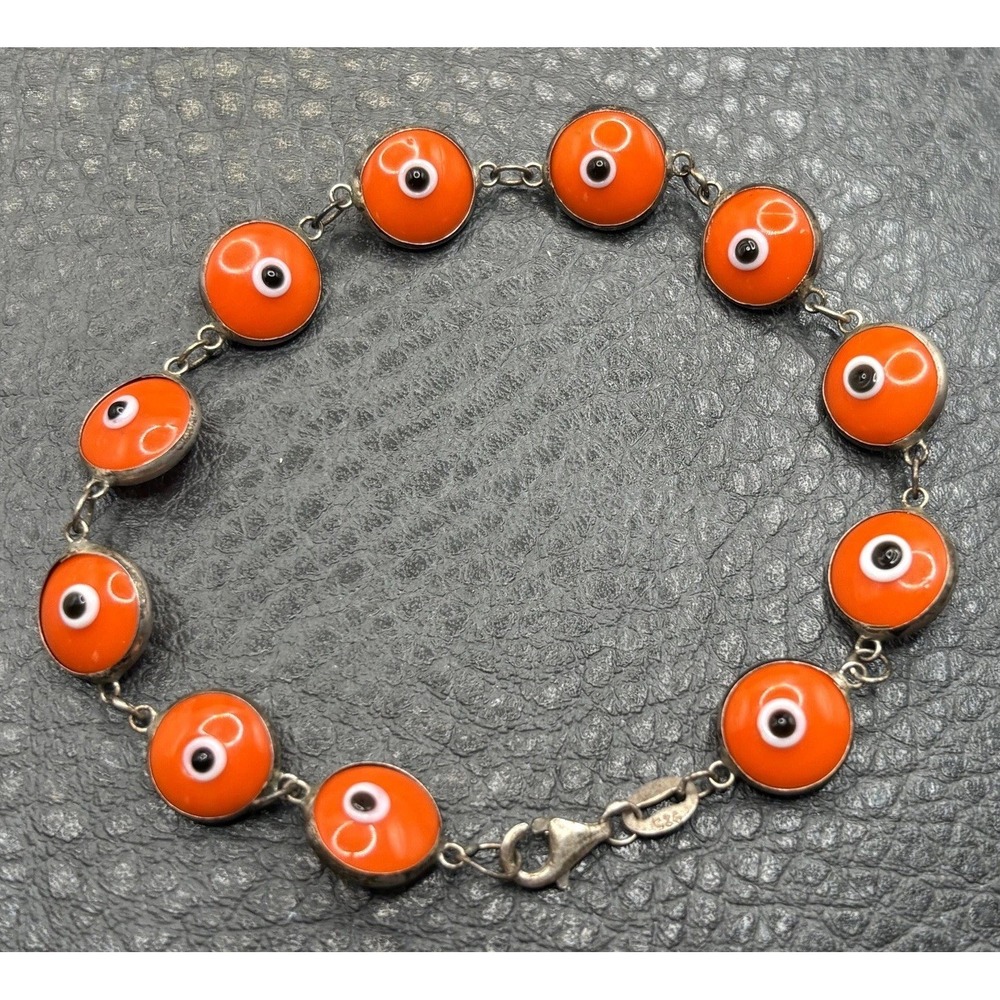 Vintage Sterling Silver Orange Glass Evil Eye Beaded Bracelet Chain
